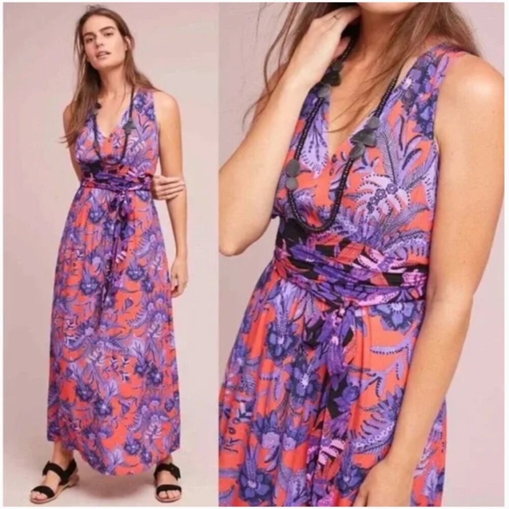 NWT Anthropologie Maeve Maci Maxi Dress Women's 2 Purple Orange Red Floral
